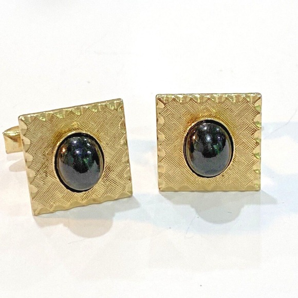 Vintage cuff links textured gold tone career cufflinks with mod black cabachons - Picture 1 of 5